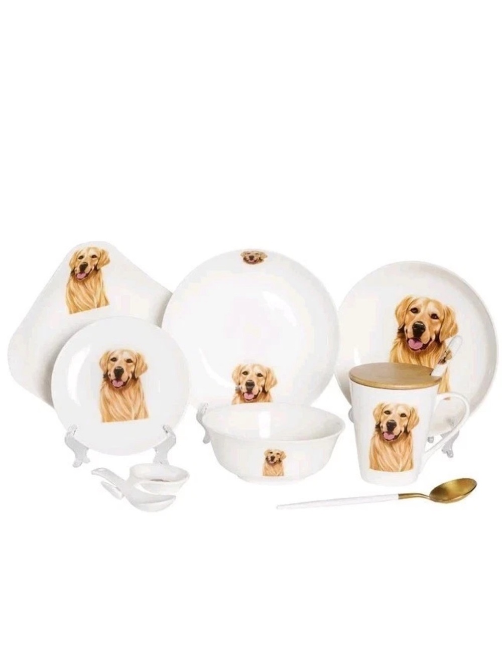 Golden Retriever Dog Pet Portrait Porcelain China Dinnerware Set 11Pc
